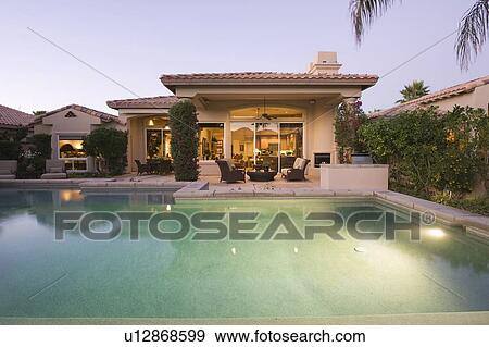 Palm Springs swimming pool evening light View Large Photo Image Stock Photo - Palm Springs swimming pool evening light. Fotosearch