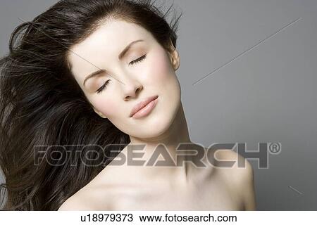 Portrait of woman with brown hair eyes closed View Large Photo Image Stock Image - Portrait of woman with brown hair eyes closed. Fotosearch