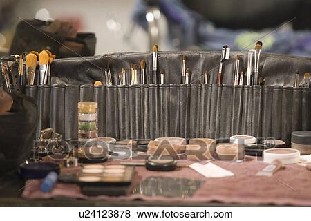Professional cosmetics brushes on dressing table View Large Photo Image Stock Photo - Professional cosmetics brushes on dressing table. Fotosearch
