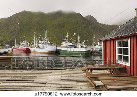 Fishing boats in harbour of Lofoten Islands, Norway View Large Photo Image Stock Image - Fishing boats in harbour of Lofoten Islands, Norway. Fotosearch