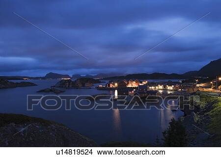 Fishing village on the Lofoten Islands, Norway, at night View Large Photo Image Picture - Fishing village on the Lofoten Islands, Norway, at night. Fotosearch
