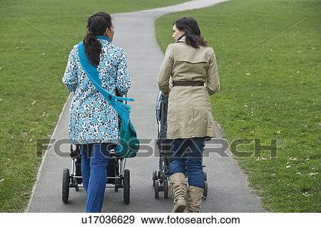Back view of two mothers pushing strollers in park View Large Photo Image Stock Photo - Back view of two mothers pushing strollers in park. Fotosearch