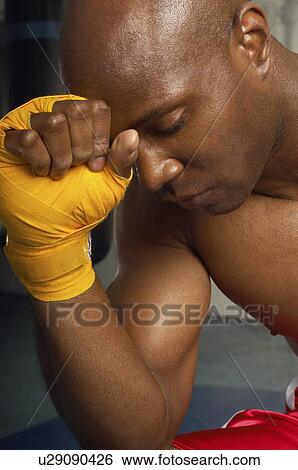 Boxer with head on wrapped hand, head and shoulders View Large Photo Image Stock Photograph - Boxer with head on wrapped hand, head and shoulders. Fotosearch