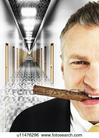 Businessman smoking cigar in digital corridor View Large Photo Image Stock Photograph - Businessman smoking cigar in digital corridor. Fotosearch