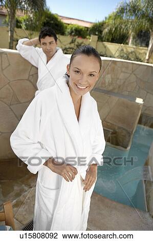 Couple in bathrobes at spa View Large Photo Image Stock Image - Couple in bathrobes at spa. Fotosearch