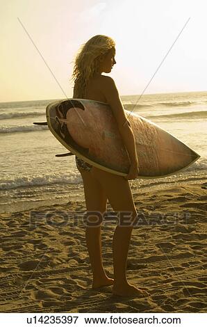 Female surfer carrying surfboard on beach at sunset, back view View Large Photo Image Stock Photo - Female surfer carrying surfboard on beach at sunset, back view. Fotosearch