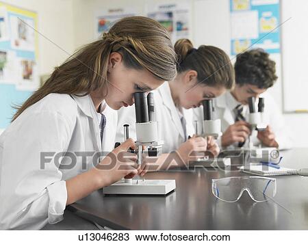 Stock Image - High school students using microscopes in classroom. Fotosearch