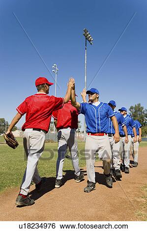 Stock Photograph - Line of baseball players giving each other high fives. Fotosearch