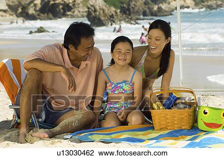 Parents with daughter (7-9) having picnic on beach View Large Photo Image Stock Image - Parents with daughter (7-9) having picnic on beach. Fotosearch