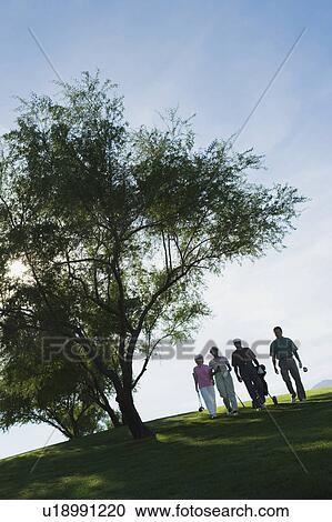 Silhouettes of group of golfers walking on golf course View Large Photo Image Stock Image - Silhouettes of group of golfers walking on golf course. Fotosearch