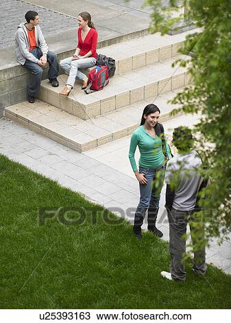 Stock Image - Students sitting and standing on school grounds outdoors, elevated view. Fotosearch