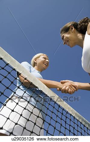 Two female Tennis Players shaking hand over tennis court net, low angle view View Large Photo Image Stock Photograph - Two female Tennis Players shaking hand over tennis court net, low angle view. Fotosearch