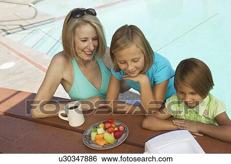 Stock Photograph - Two Girls (7-9) and Grandmother Watching portable television by swimming pool.. Fotosearch