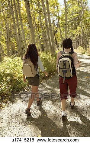Stock Photo - Two hikers on path through woodland. Fotosearch