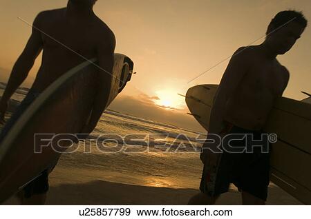 Two surfers carrying surfboards out of surf at sunset View Large Photo Image Stock Photo - Two surfers carrying surfboards out of surf at sunset. Fotosearch