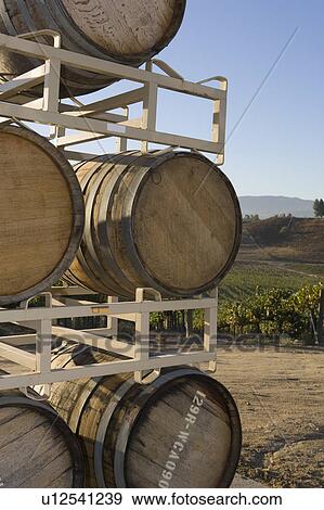 Wine barrels in vineyard View Large Photo Image Stock Photo - Wine barrels in vineyard. Fotosearch