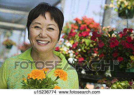 Woman Holding Flowers in plant nursery, portrait View Large Photo Image Picture - Woman Holding Flowers in plant nursery, portrait. Fotosearch