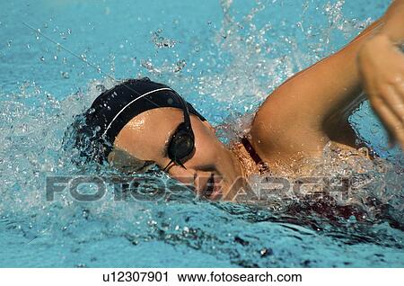 Stock Image - Woman swimming in pool, (close-up). Fotosearch
