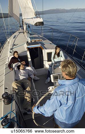 Young man at steering wheel, friends relaxing on boat deck, (elevated view) View Large Photo Image Stock Photograph - Young man at steering wheel, friends relaxing on boat deck, (elevated view). Fotosearch