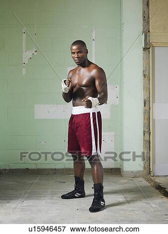 Stock Photo - Boxer with raised fists, portrait. Fotosearch