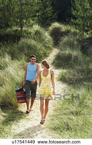 Couple Walking on Trail to Beach, high angle view View Large Photo Image Stock Photo - Couple Walking on Trail to Beach, high angle view. Fotosearch