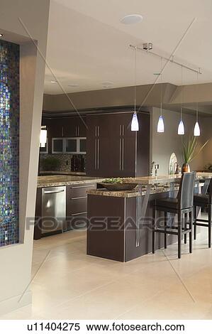 Dark brown kitchen with bar stools View Large Photo Image Stock Photography - Dark brown kitchen with bar stools. Fotosearch