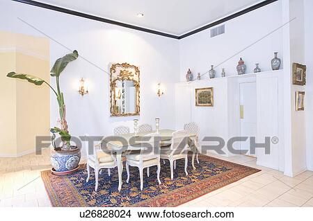 Dining table on patterned rug View Large Photo Image Picture - Dining table on patterned rug. Fotosearch