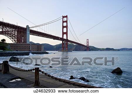 Stock Image - Golden Gate Bridge low angle perspective. Fotosearch