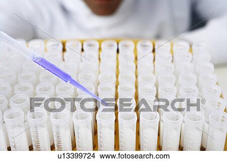 Picture - Lab worker adding blue liquid to test tubes. Fotosearch