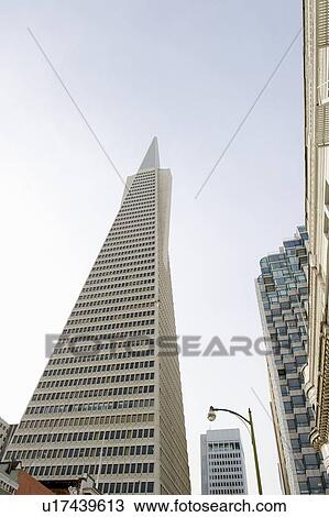 Stock Image - Low angle view of the Transamerica Pyramid, San Francisco designed by William Pereira. Fotosearch