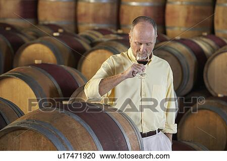 Stock Image - Man wine-tasting aside wine casks. Fotosearch