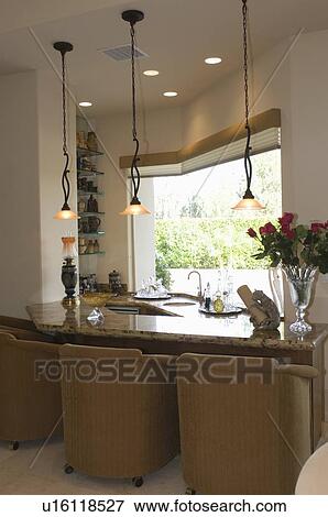 Marble topped kitchen counter with armchairs View Large Photo Image Stock Photo - Marble topped kitchen counter with armchairs. Fotosearch