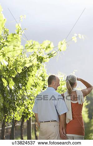 Stock Photo - Mature couple at the vineyard, back view. Fotosearch