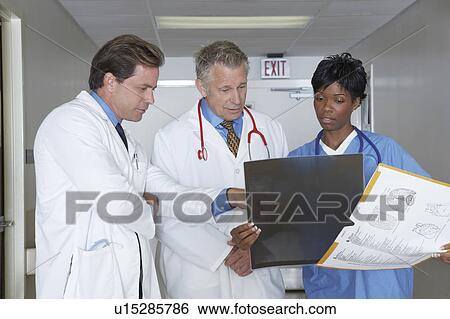 Medical personnel looking at x-ray image in hospital hallway View Large Photo Image Stock Photograph - Medical personnel looking at x-ray image in hospital hallway. Fotosearch