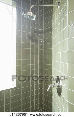 Muted green tiles in shower room View Large Photo Image Stock Image - Muted green tiles in shower room. Fotosearch