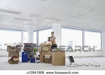 Office worker standing holding potted plant near cartons and equipment on floor of empty office space View Large Photo Image Stock Photo - Office worker standing holding potted plant near cartons and equipment on floor of empty office space. Fotosearch