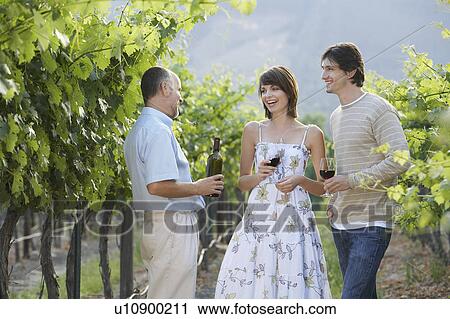 Stock Image - People drinking wine in vineyard. Fotosearch