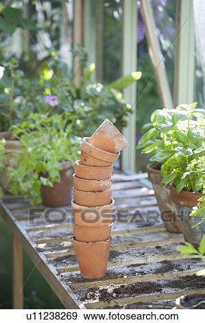 Stock Photo - Stack of terracotta flowerpots on workbench in potting shed. Fotosearch