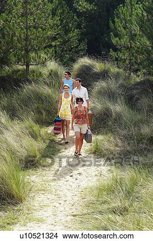 Picture - Two couples Walking on Trail to Beach, high angle view. Fotosearch