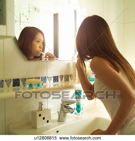 Tile, Sink, Preparation, Routine, Asian Ethnicity, Straight Hair View Large Photo Image Stock Photography - Tile, Sink, Preparation, Routine, Asian Ethnicity, Straight Hair. Fotosearch