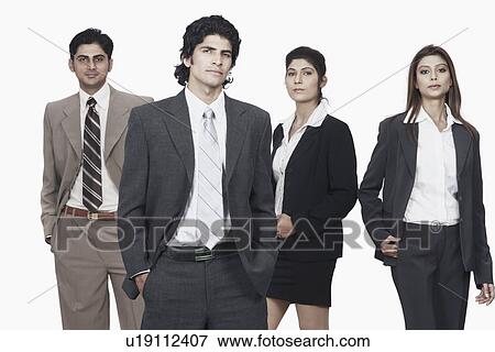 Portrait of two businessmen and two businesswomen standing View Large Photo Image Stock Photo - Portrait of two businessmen and two businesswomen standing. Fotosearch