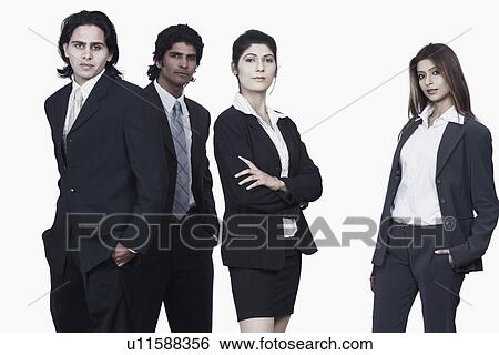 Stock Photograph - Portrait of two businessmen and two businesswomen standing. Fotosearch