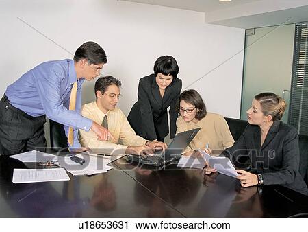 Stock Image - business people, sitting, office chair, waist up, professional. Fotosearch