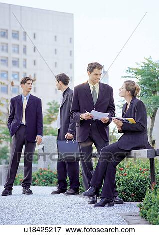 Stock Photo - occupation, files, waiting, standing, greenery. Fotosearch