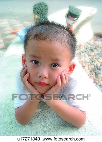 Stock Image - Close-Up, Asian Ethnicity, Child, Casual Clothing, Black Hair, 3-4 Years. Fotosearch