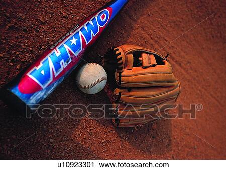 Stock Image - sport, recreation, exercise, baseball bat, leisure, glove, baseball. Fotosearch