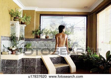 Stock Image - Bathtub, Body Care, Indonesia, Vacations, Window, Day, Plant. Fotosearch