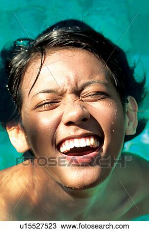 Stock Image - Head And Shoulders, Beauty Treatment, Woman, Mouth Open, Smile. Fotosearch