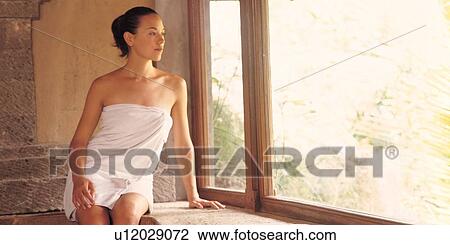 greenery, looking sideways, wrapped, relaxation, quarter length View Large Photo Image Stock Image - greenery, looking sideways, wrapped, relaxation, quarter length. Fotosearch