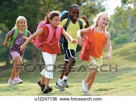 Stock Photograph - bag, black hair, blonde hair, carefree. Fotosearch